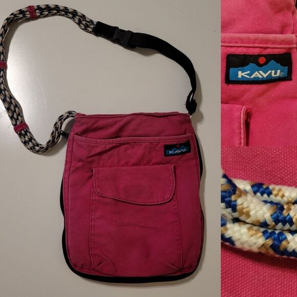 KAVU EXPANDABLE CROSSBODY TRAVEL BAG MAGNETIC ZIP VELCRO POCKETS PINK BLUE - Picture 1 of 9